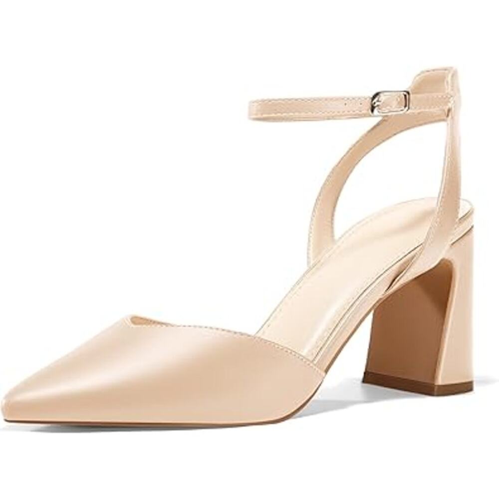 New Juliet Holy Womens 10 Tan Pointy Toe Ankle Strap 4" Block Heel Pump Shoes